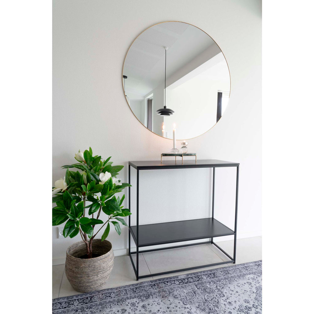 Console Vita noir étagère entrée miroir rond doré magnolia blanc bougeoir cristal