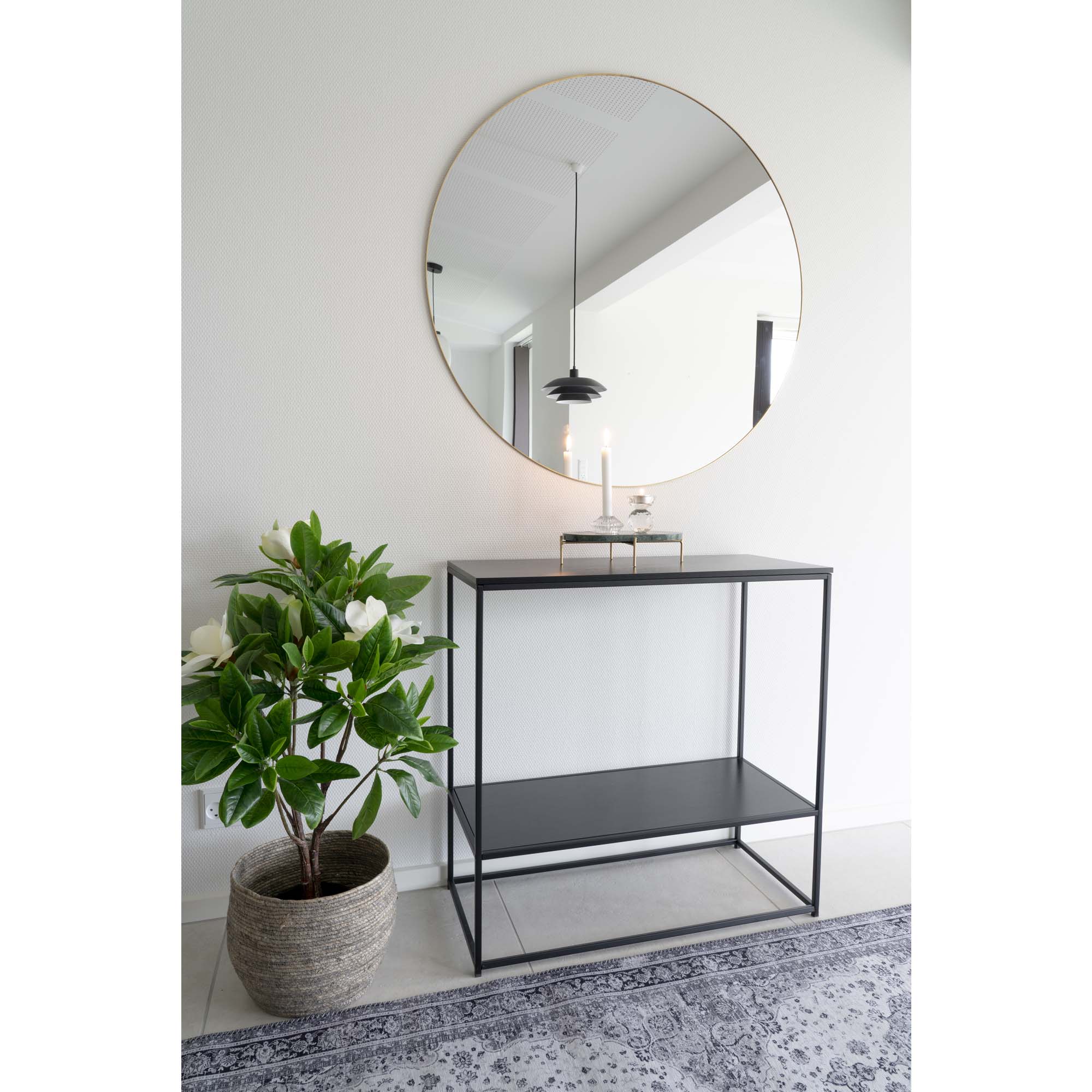 Console Vita noir étagère entrée miroir rond doré magnolia blanc bougeoir cristal