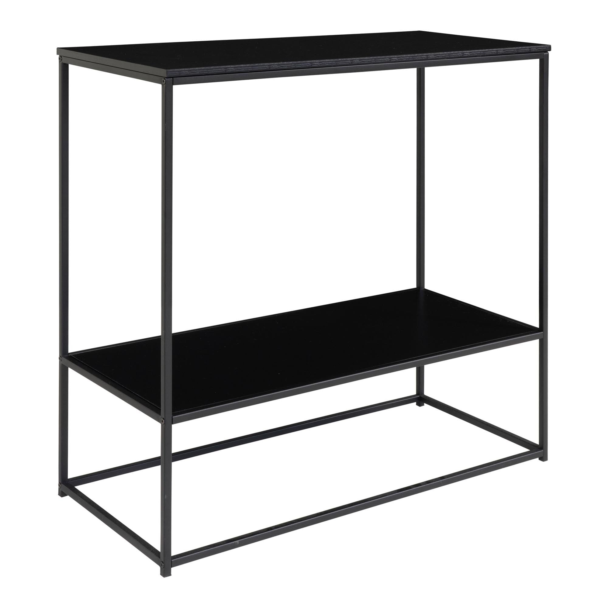 Console Vita tout noir 2 plateaux étagère basse structure filaire vue trois quarts épurée