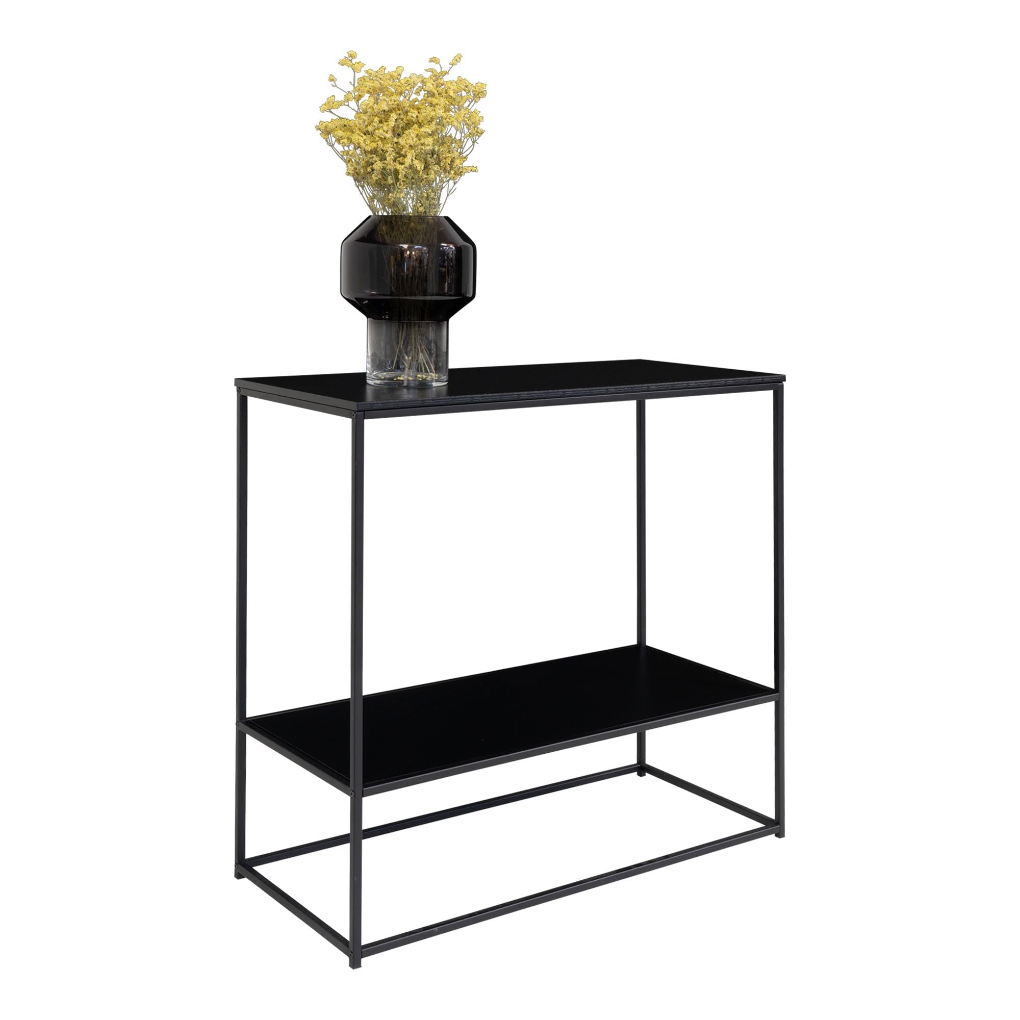 Console Vita noir intégral 80x36x80 cm étagère basse structure métal noir vue trois quarts vase fumé