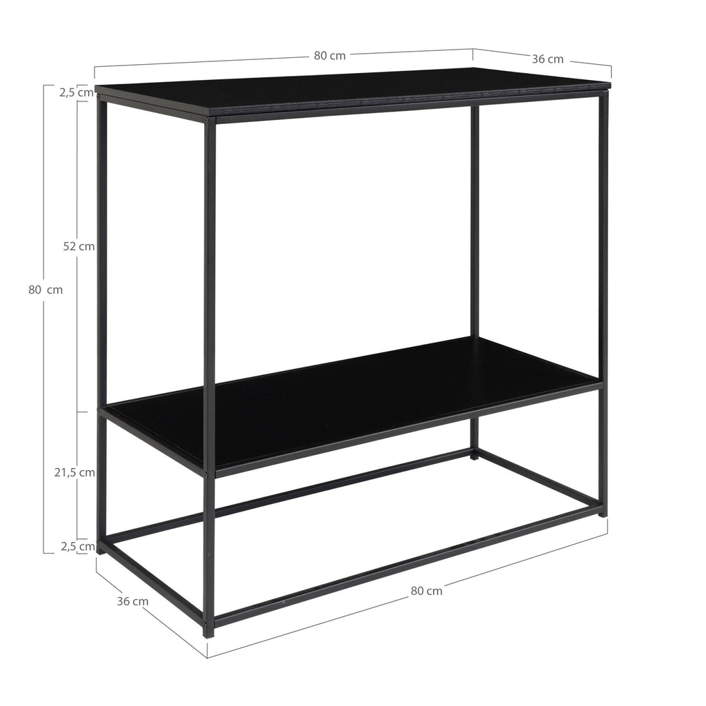 Schéma dimensions console Vita noir 80x36x80 cm étagère basse h21,5 cm épaisseur plateaux 2,5 cm
