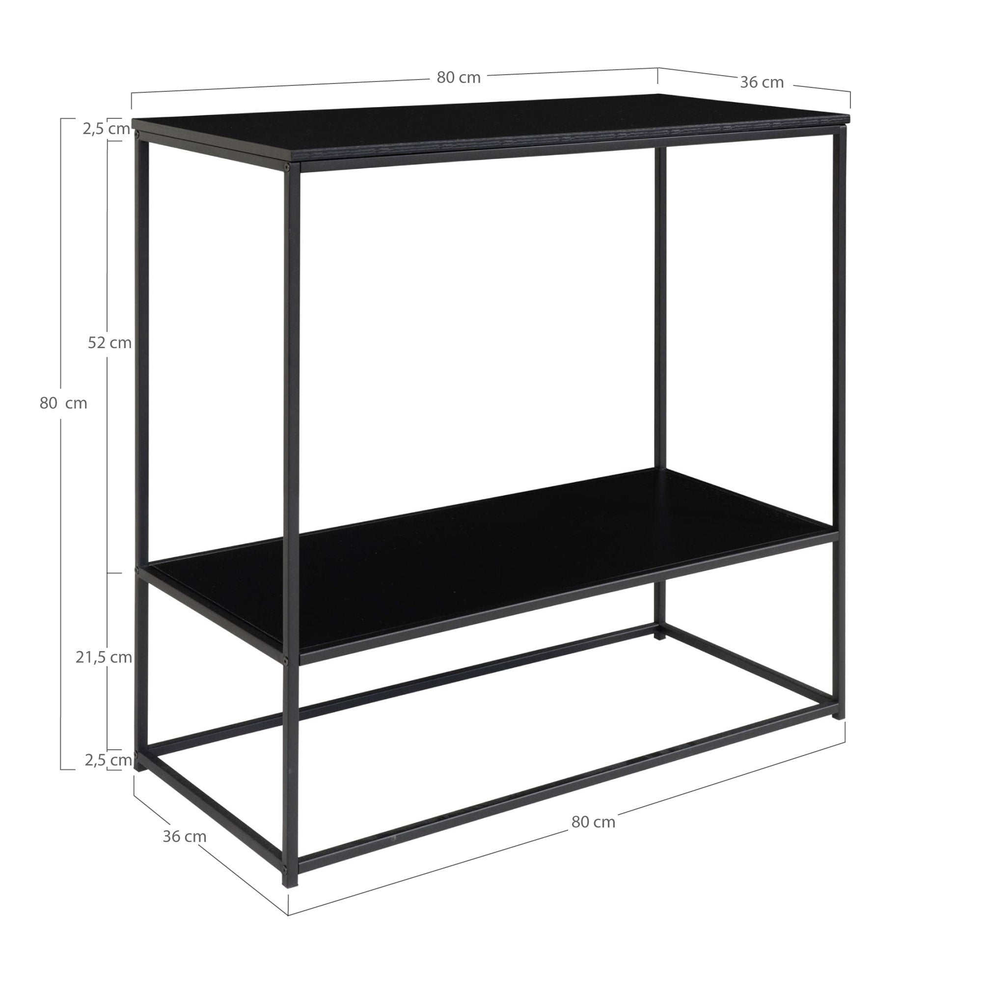 Schéma dimensions console Vita noir 80x36x80 cm étagère basse h21,5 cm épaisseur plateaux 2,5 cm