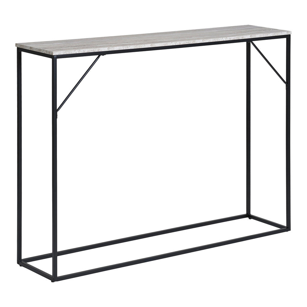 Console Vita 110 cm plateau travertin pieds acier noir vue trois quarts droite