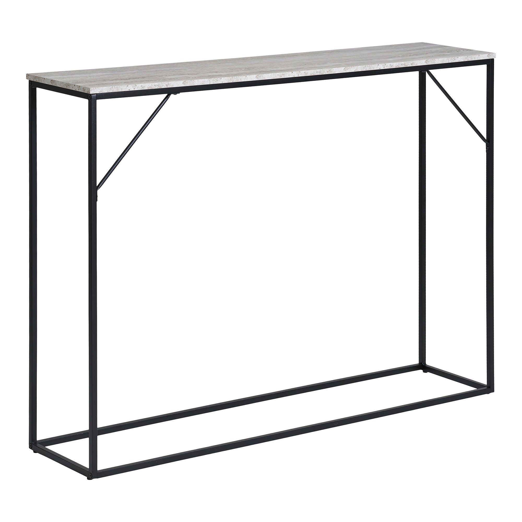 Console Vita 110 cm plateau travertin pieds acier noir vue trois quarts droite
