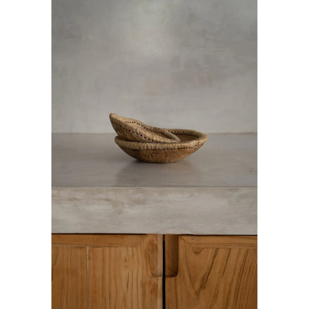 Coupe plate en teck bordée de raphia 20 cm, vue 8