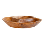 Coupe décorative Nola teck massif sculpté main Ø30 cm forme trilobée vue trois quarts