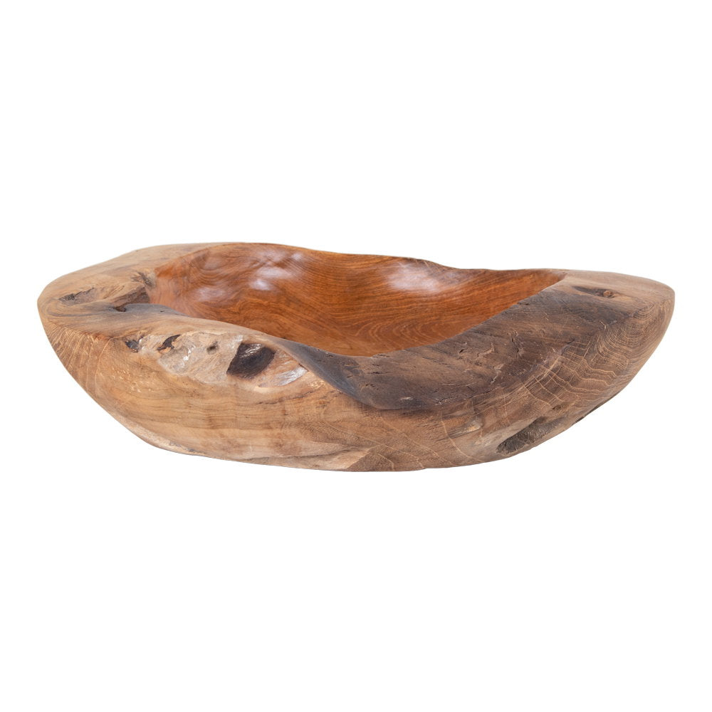 Coupe décorative Rio teck naturel sculpté main ø30 cm vue trois quarts intérieur ambré