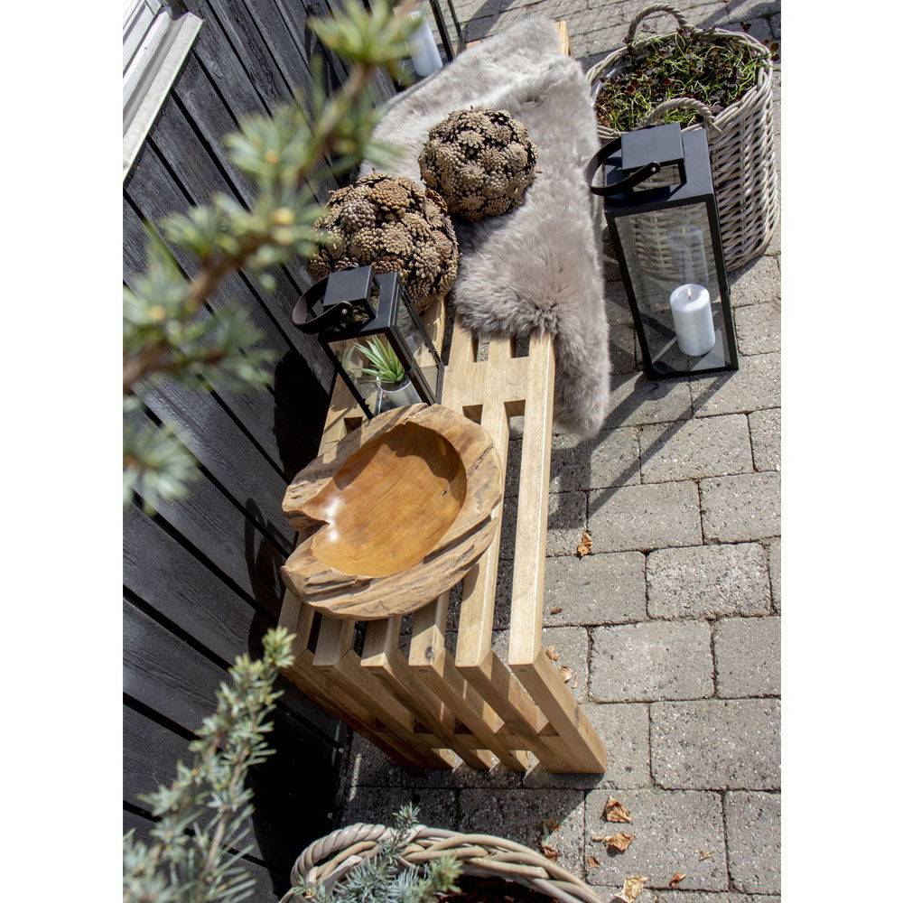 Coupe décorative teck Rio 30 cm vue plongeante ambiance extérieure banc bois lanterne