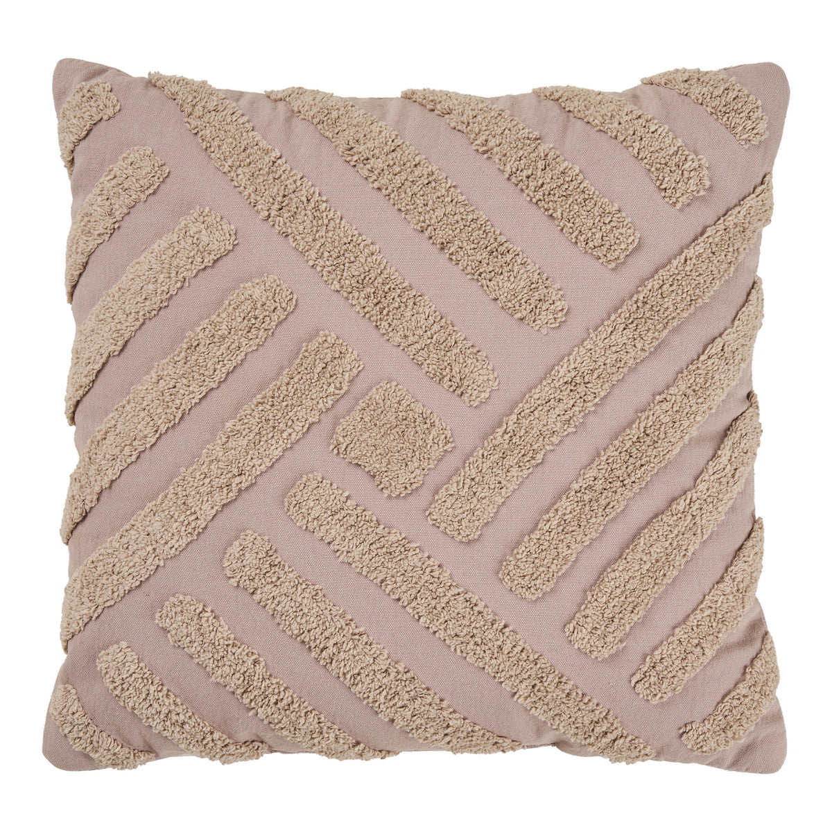 Coussin Albany tufté sable foncé vu de face bandes de bouclettes croisées en relief