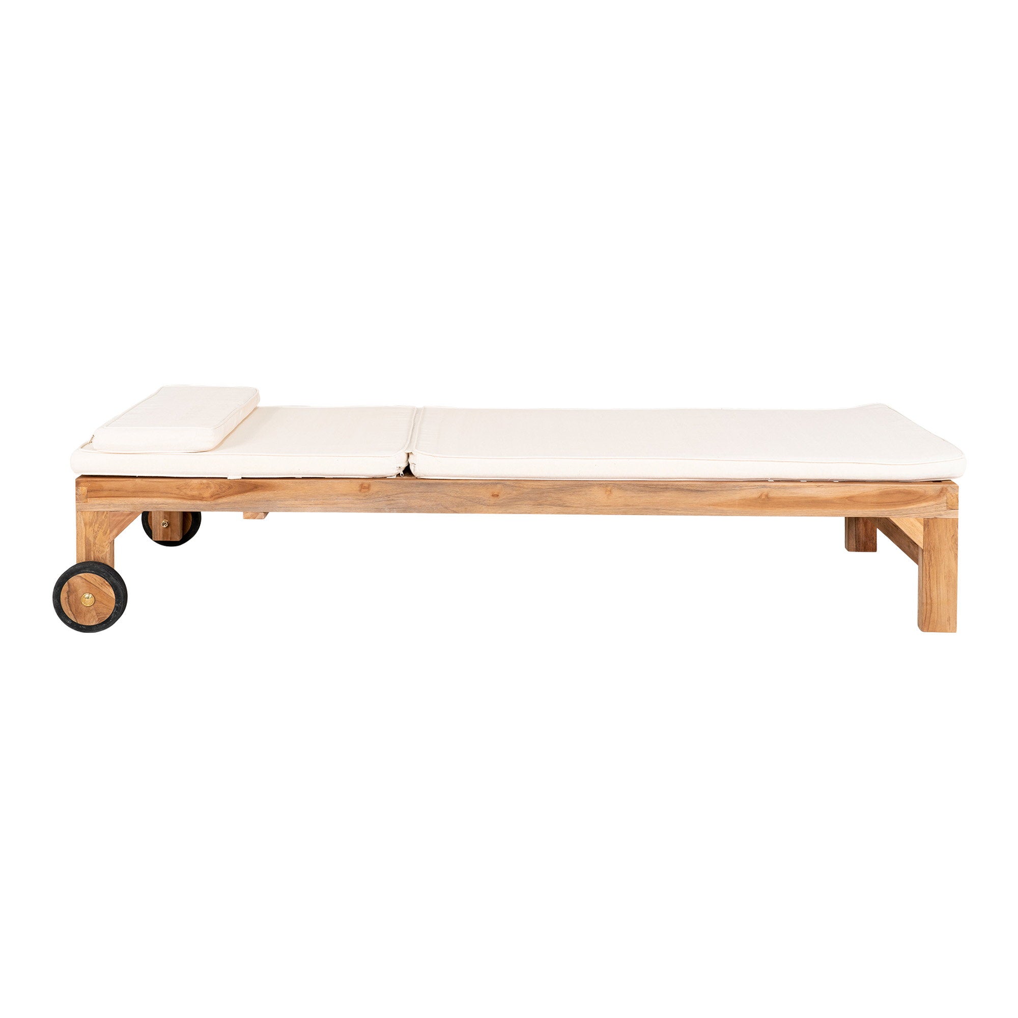 Coussin Andorra blanc sur bain de soleil teck vue de côté fond blanc