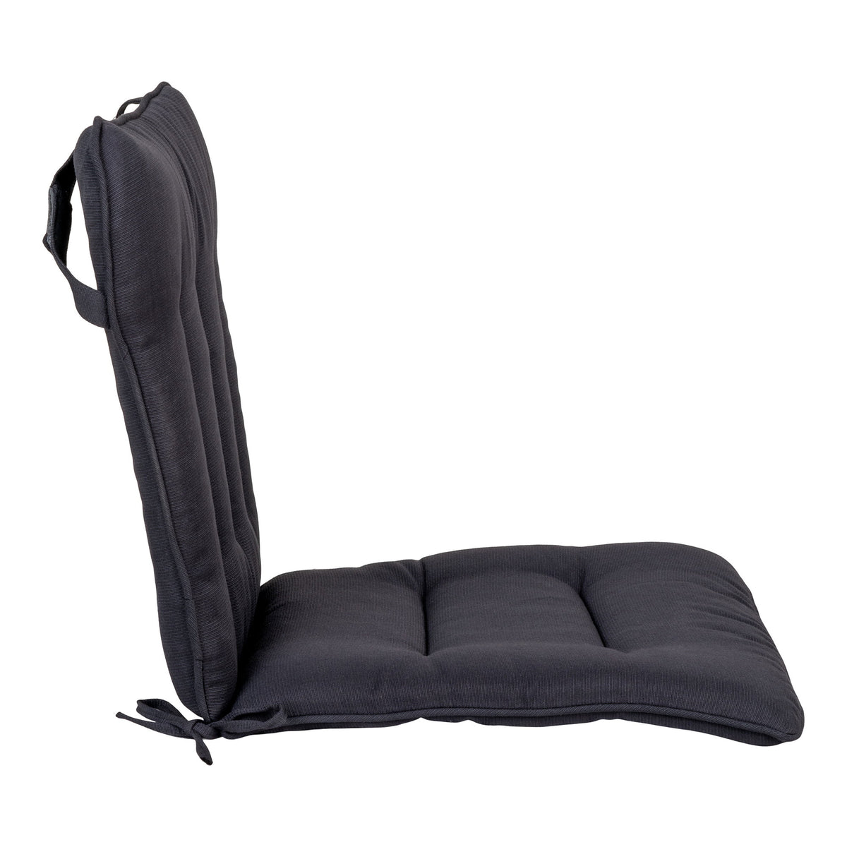 Coussin Cleveland noir vu de profil avec son attache à nouer et la sangle en haut du dossier