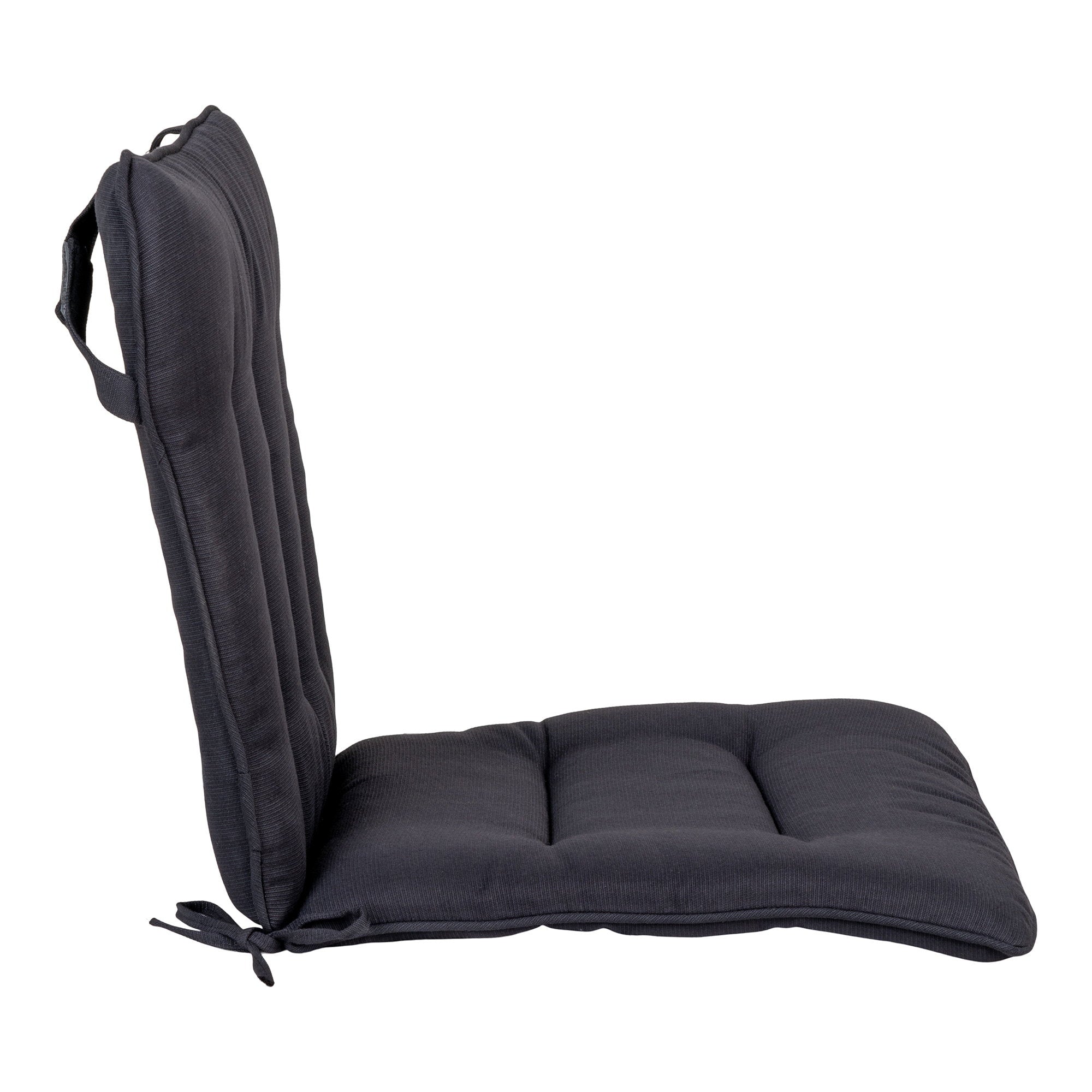 Coussin Cleveland noir vue de profil, lacets de fixation et boucle de suspension visibles