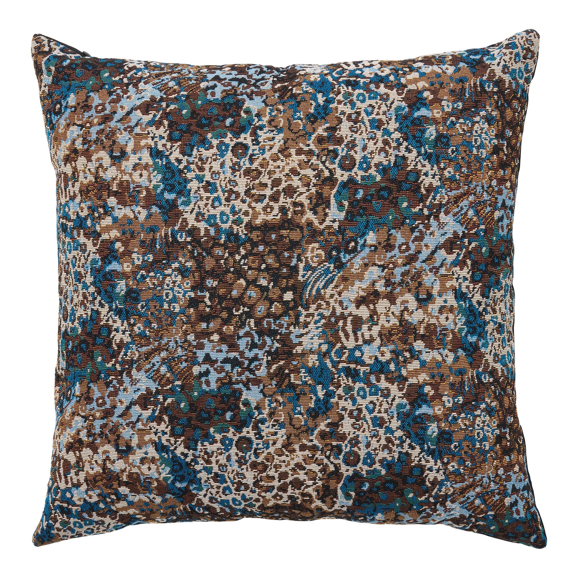 Coussin Blossom jacquard bleu brun motif floral oriental 45x45 cm vue de face
