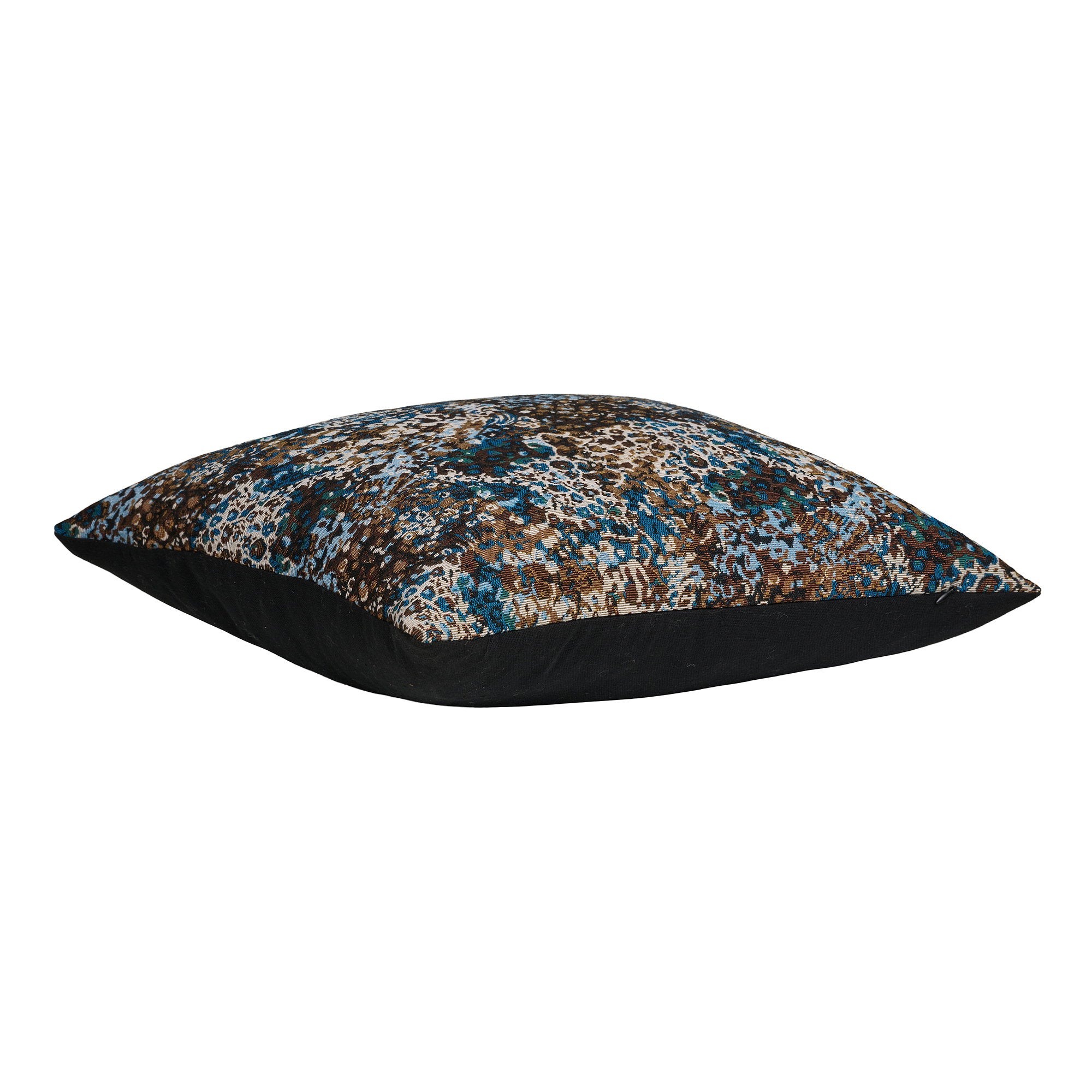 Coussin Blossom jacquard bleu brun dos noir vue de profil épaisseur polyester