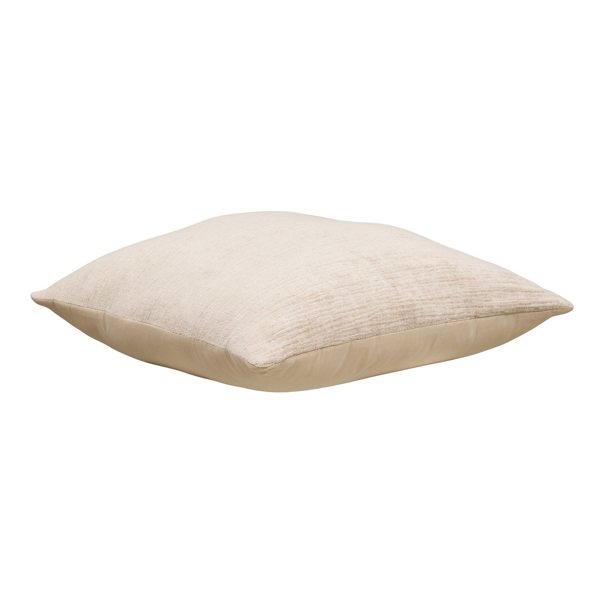 Coussin Leros velours côtelé beige vu de biais montrant son dos lisse et son épaisseur