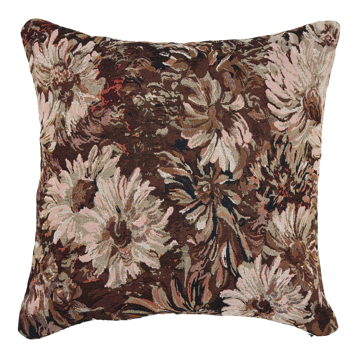 Coussin Nadi à motif floral brun et beige vu de face sur fond blanc