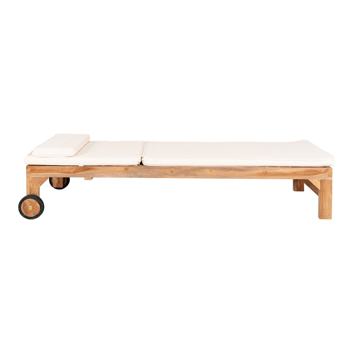 Coussin Andorra blanc à plat sur un bain de soleil en teck vu de profil