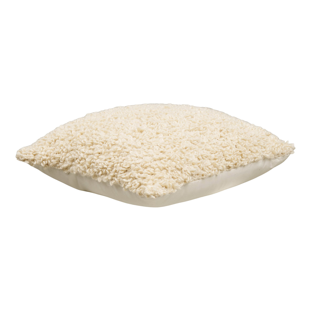 Coussin Tossa bouclé blanc cassé vu de profil avec son dos en tissu lisse
