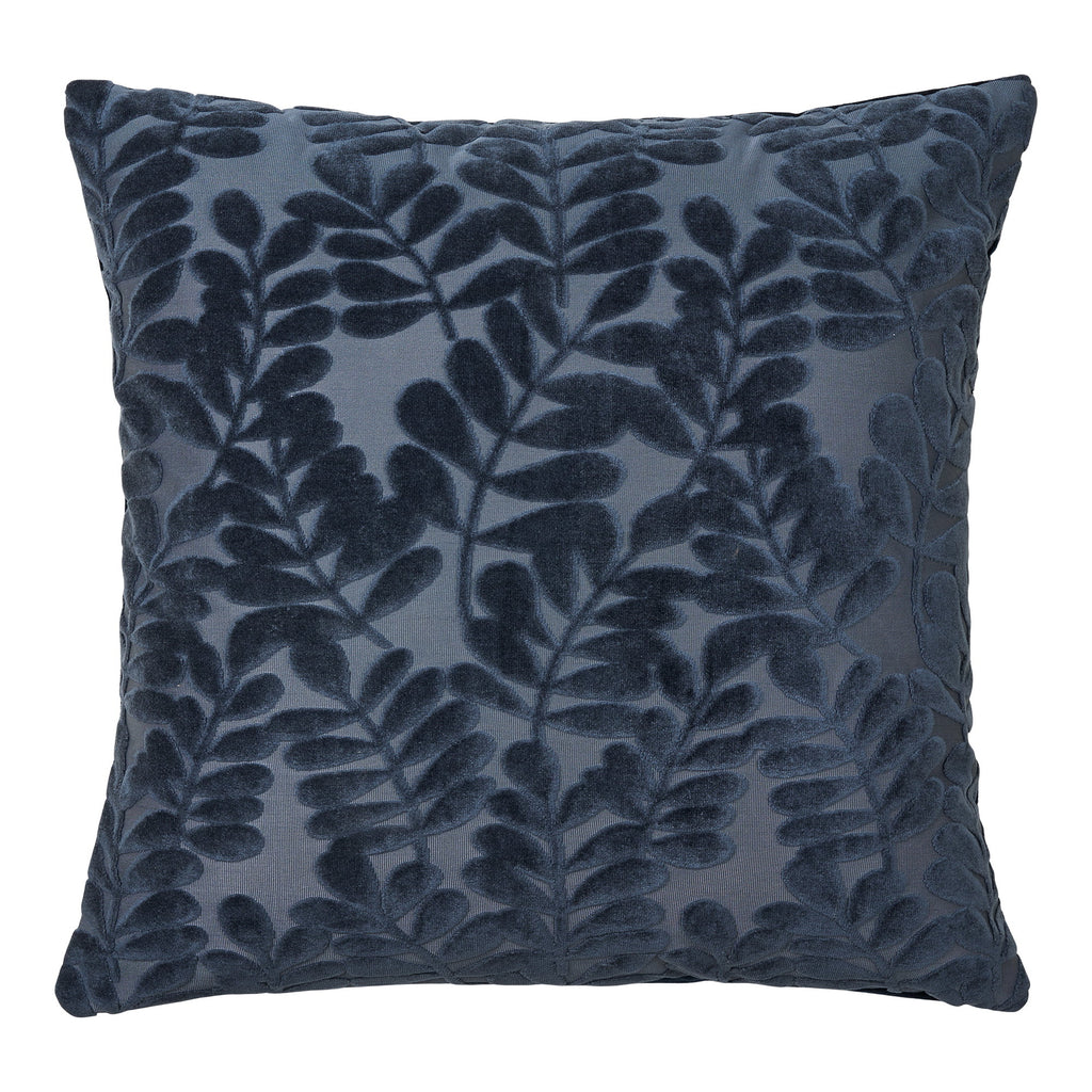 Coussin Yona velours coupé bleu marine motif feuillage botanique 45x45 cm vue face