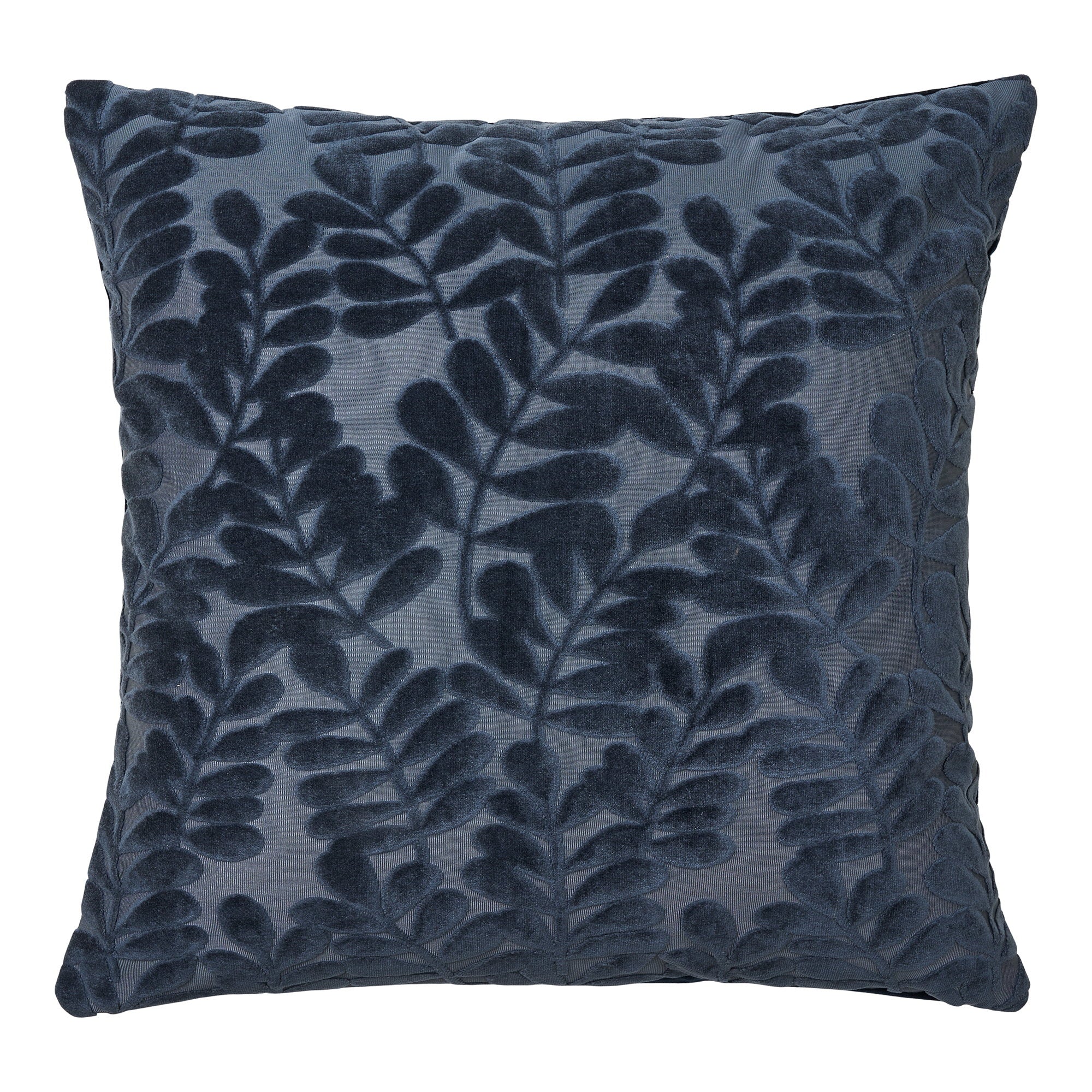 Coussin Yona velours coupé bleu marine motif feuillage botanique 45x45 cm vue face