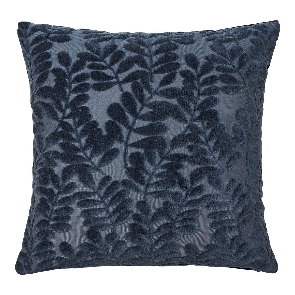 Coussin Yona bleu marine vu de face feuillage en velours coupé sur fond satiné