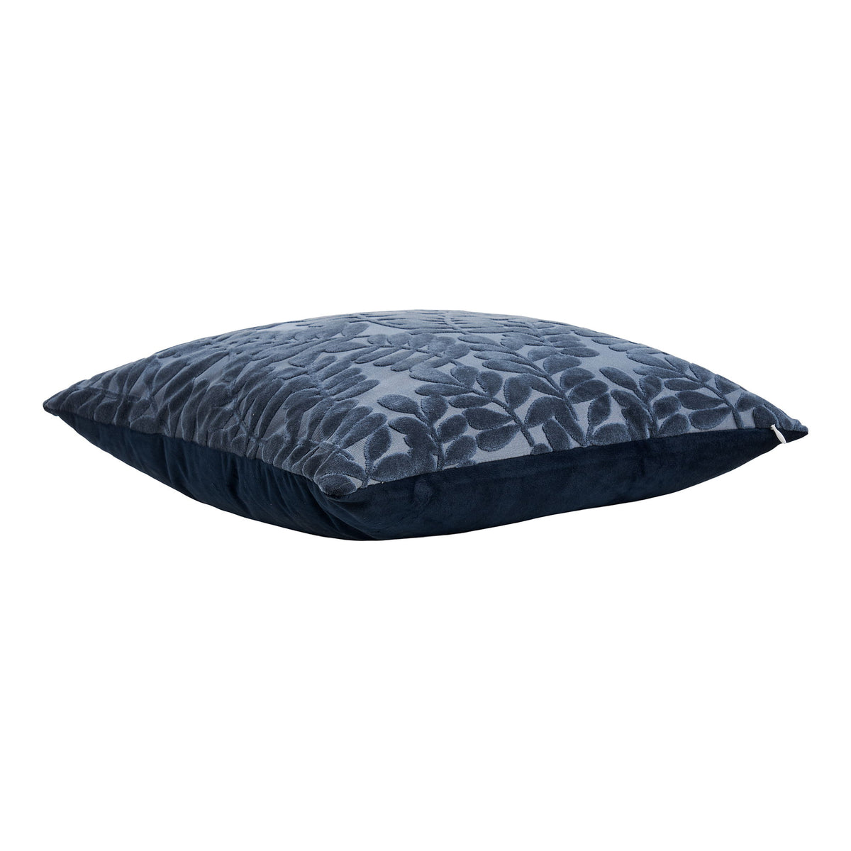 Coussin Yona bleu marine vu de profil face en velours coupé et dos en velours uni