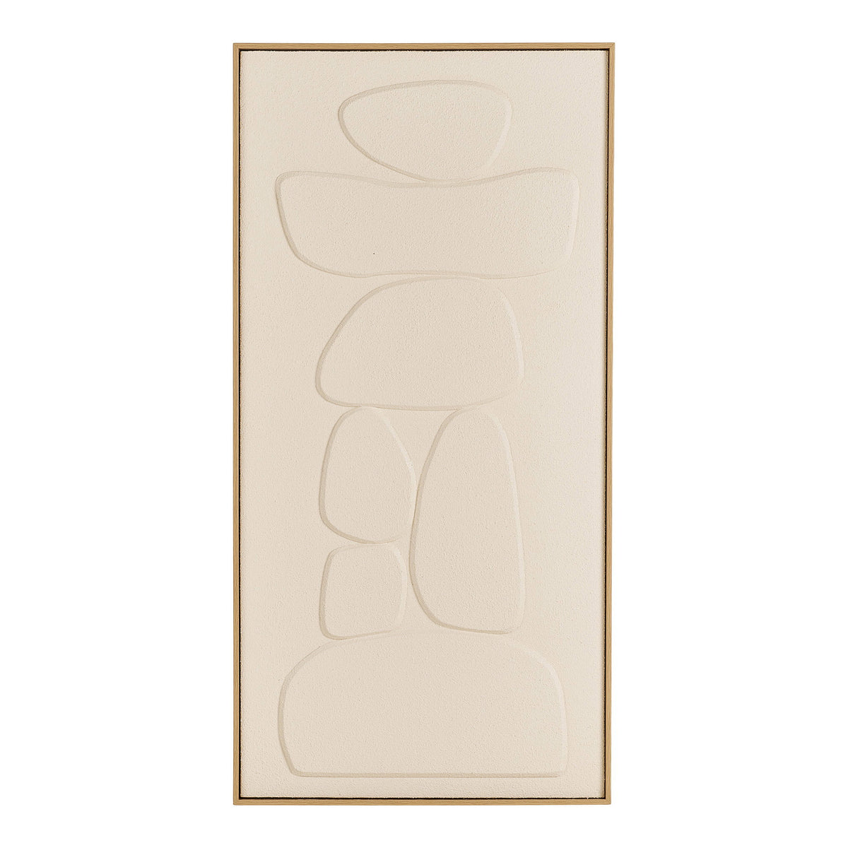 Décoration murale Victoria numéro 2 en relief beige vue de face avec sept galets empilés dans un cadre en bois clair