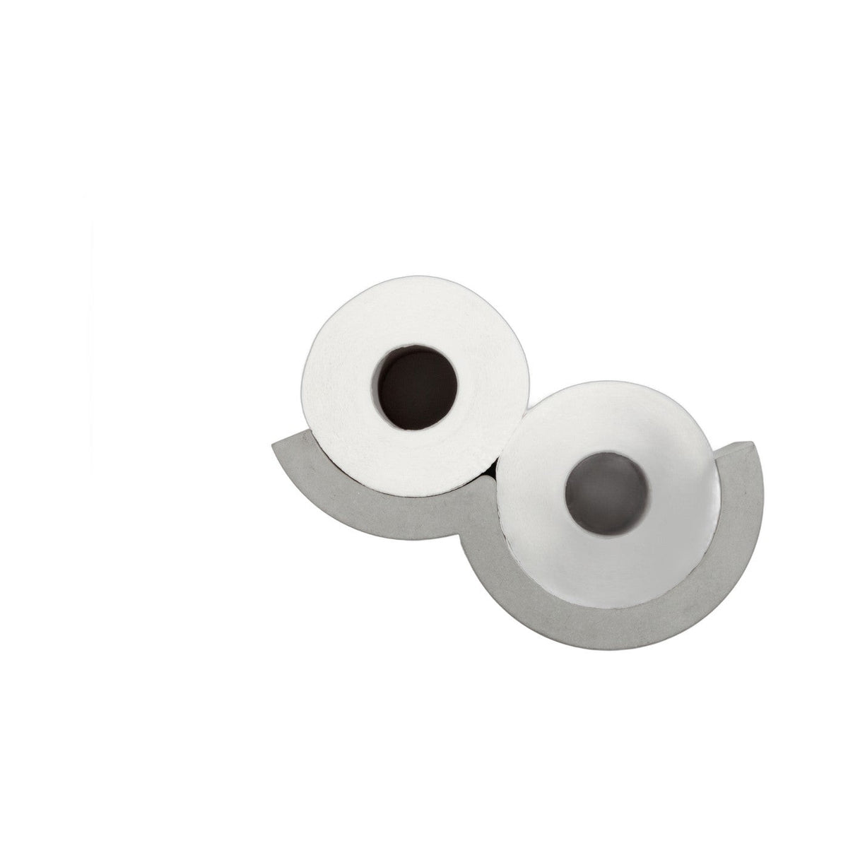 Dérouleur papier toilette Cloud en béton gris vu de face avec un rouleau en service et un en réserve
