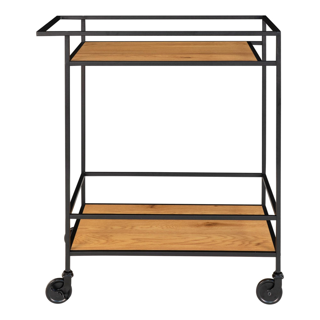 Desserte bar Vita double plateau chêne cadre acier noir roulettes vue de face fond blanc