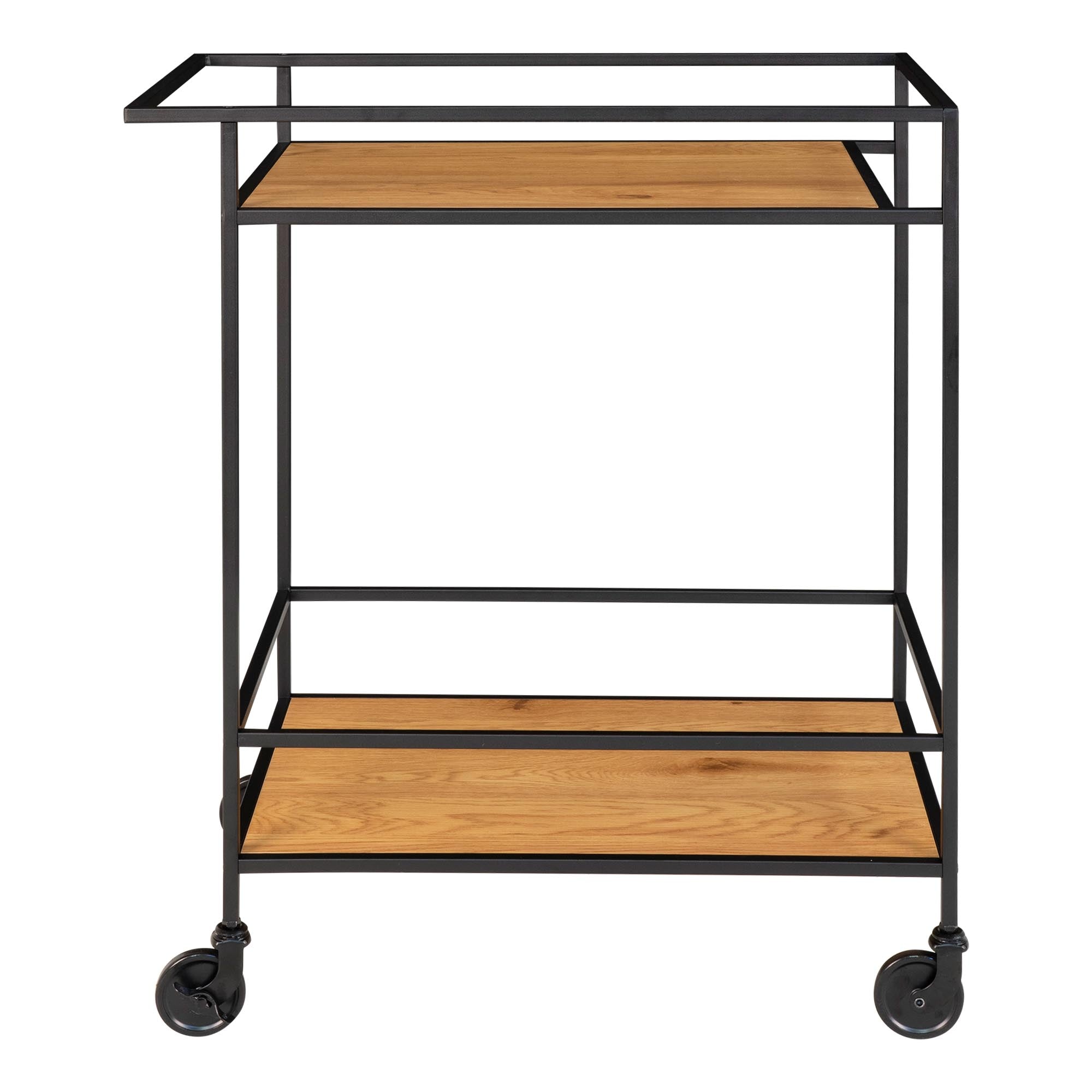 Desserte bar Vita double plateau chêne cadre acier noir roulettes vue de face fond blanc