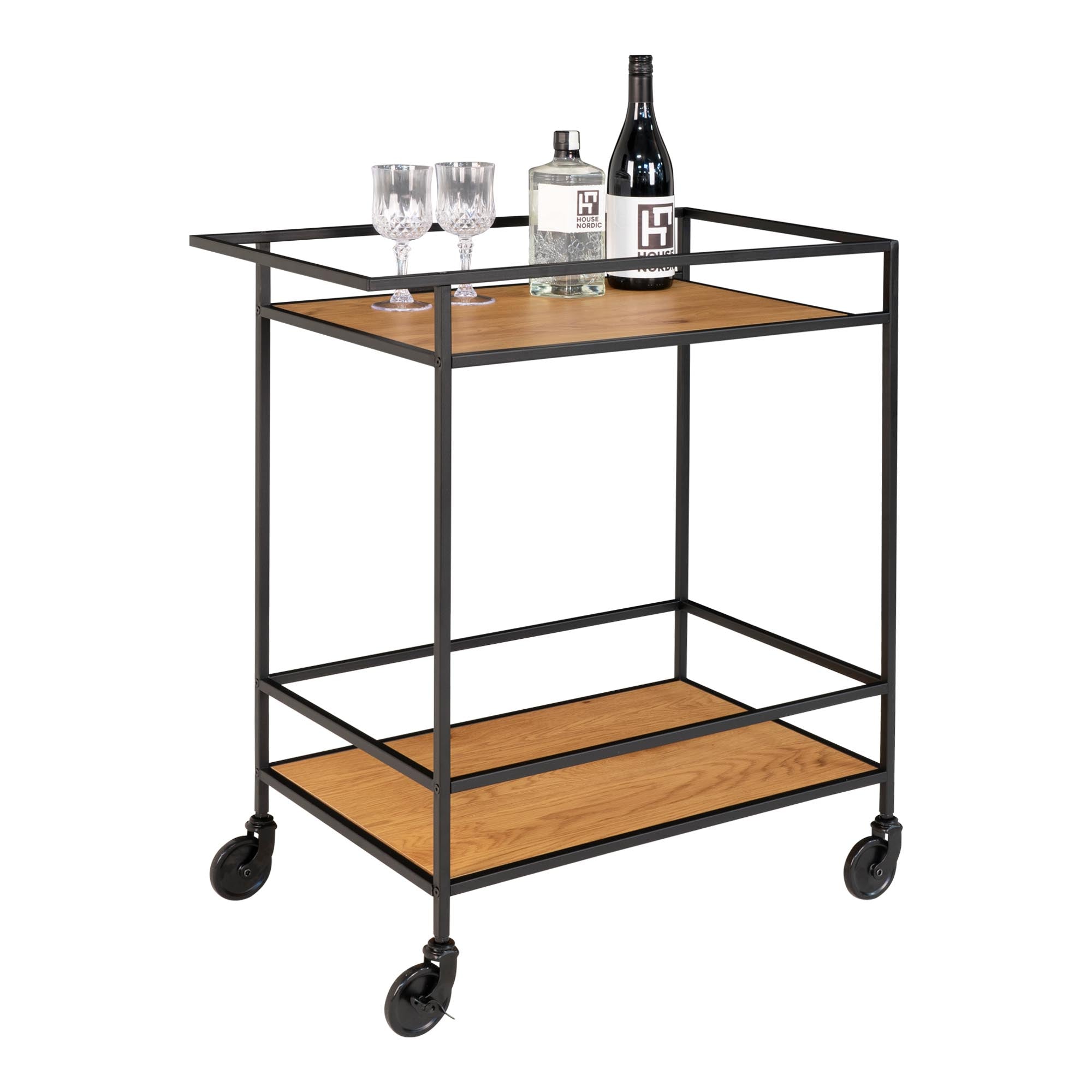Desserte bar Vita chêne noir en service bar verres bouteilles vue trois quarts styled