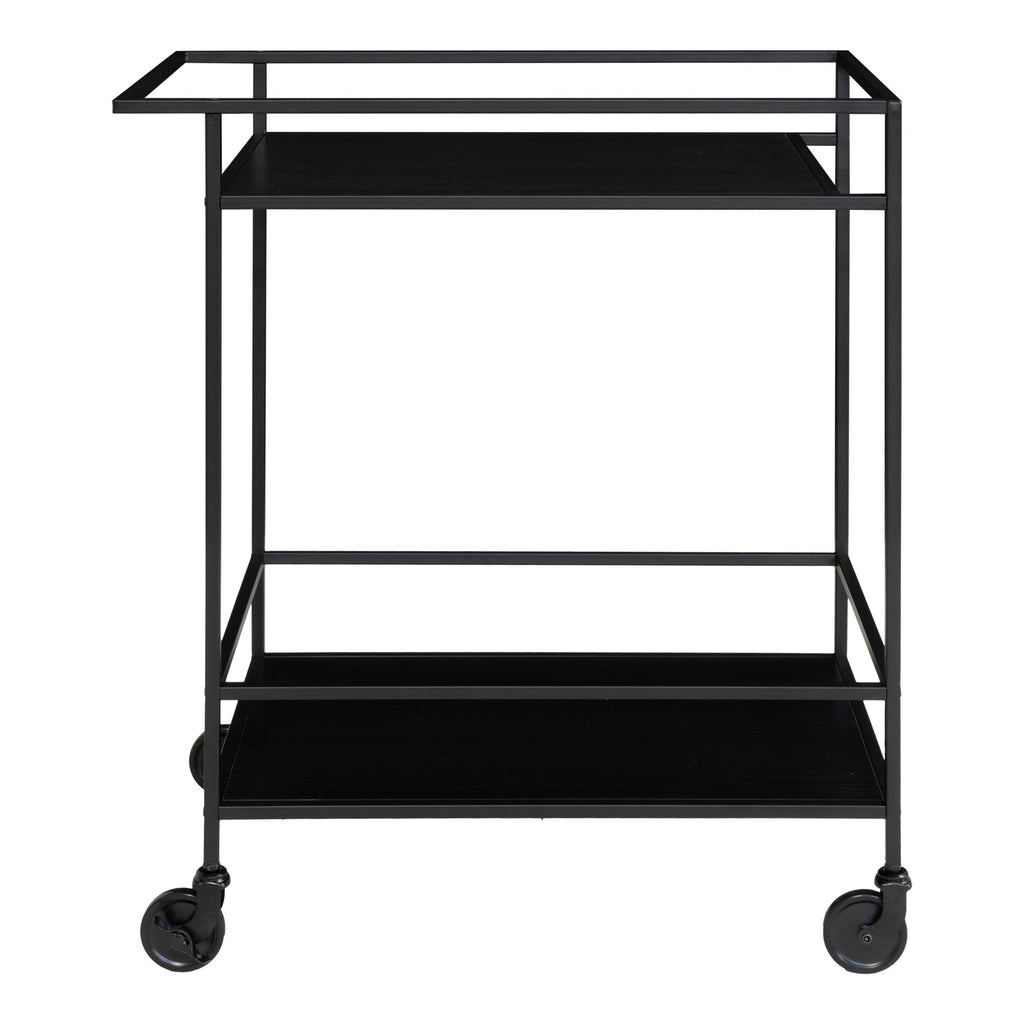 Desserte bar Vita noire double plateau acier laqué roulettes vue de face fond blanc