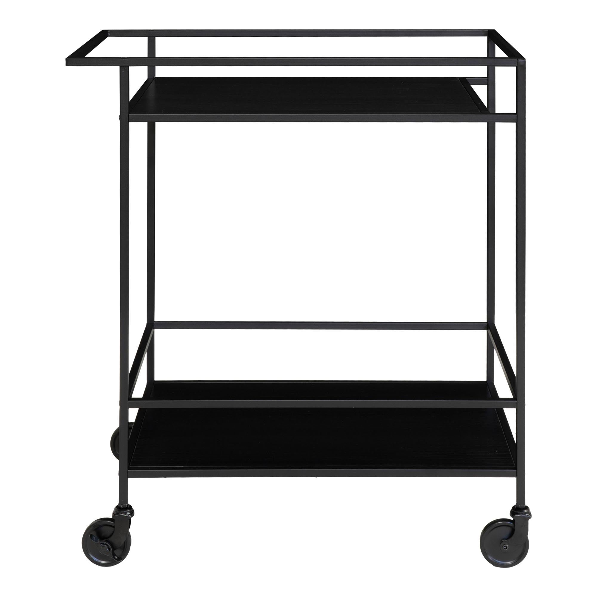 Desserte bar Vita noire double plateau acier laqué roulettes vue de face fond blanc