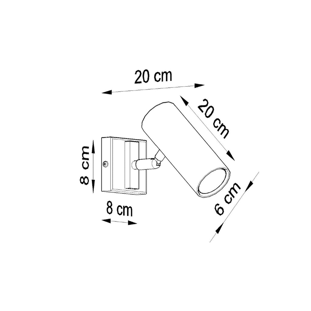 Schéma des dimensions de l'applique Direzione : platine 8 x 8 cm, tube longueur 20 cm