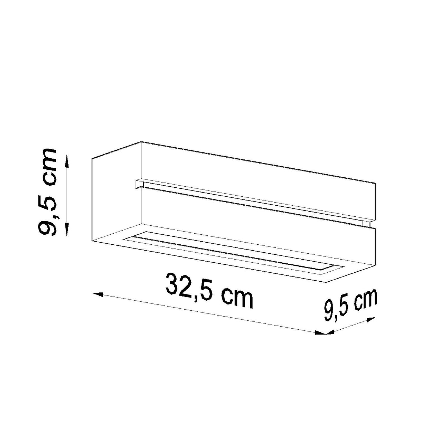 Dimensions de l'applique Vega Line, largeur 32,5 cm hauteur 9,5 cm profondeur 9,5 cm