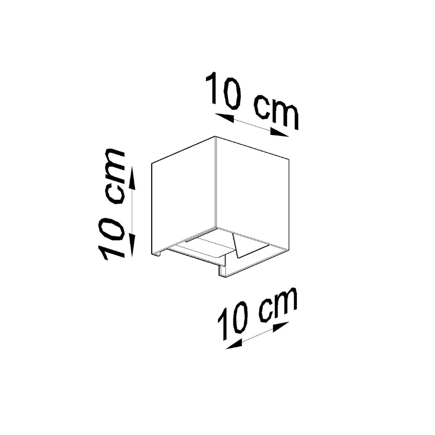Schéma des dimensions de l'applique Luca, cube de 10 sur 10 sur 10 cm