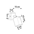 Schéma des dimensions de l'applique Merida : platine 8 x 8 cm, saillie 16 cm, spot 6 cm