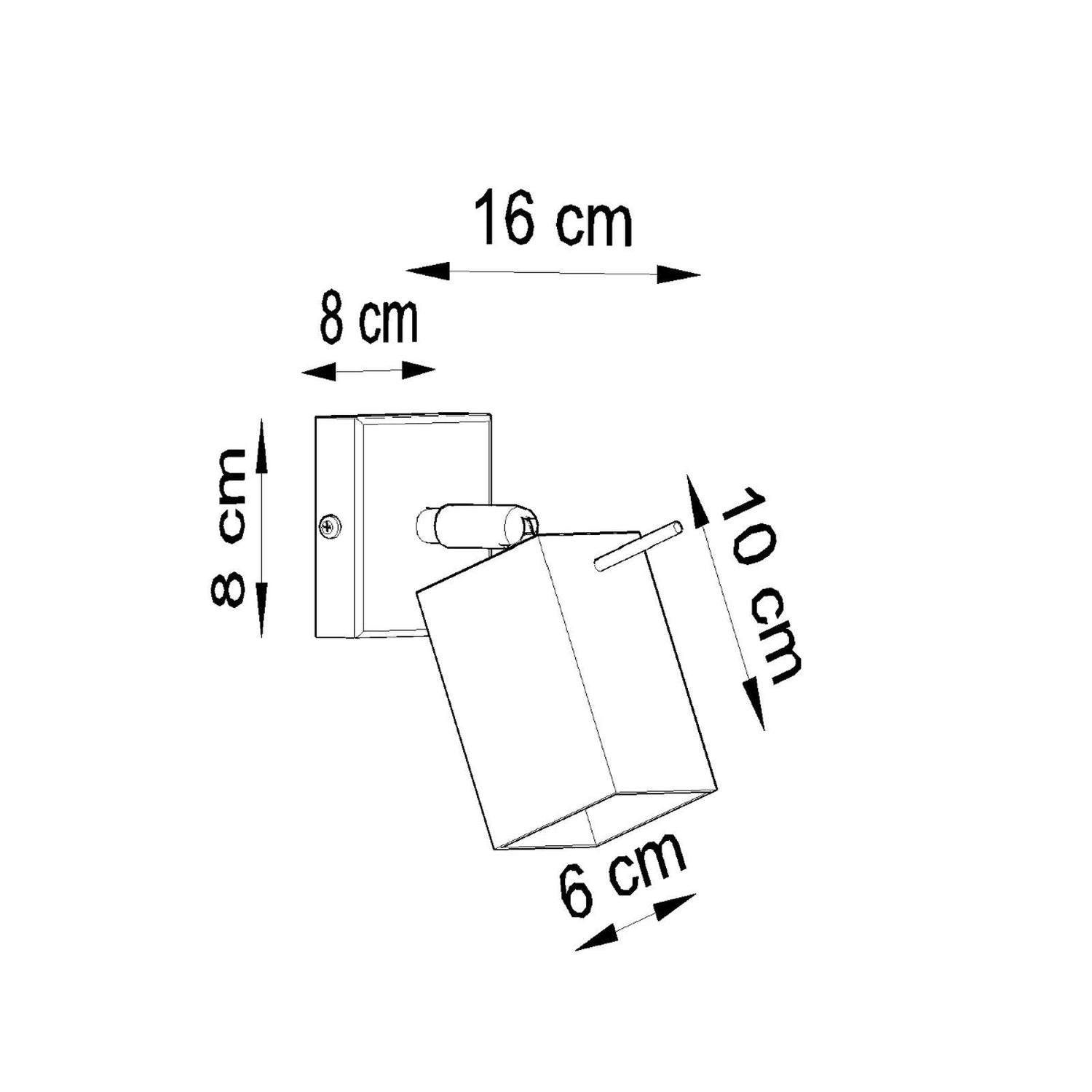 Schéma des dimensions de l'applique Merida : platine 8 x 8 cm, saillie 16 cm, spot 6 cm de côté
