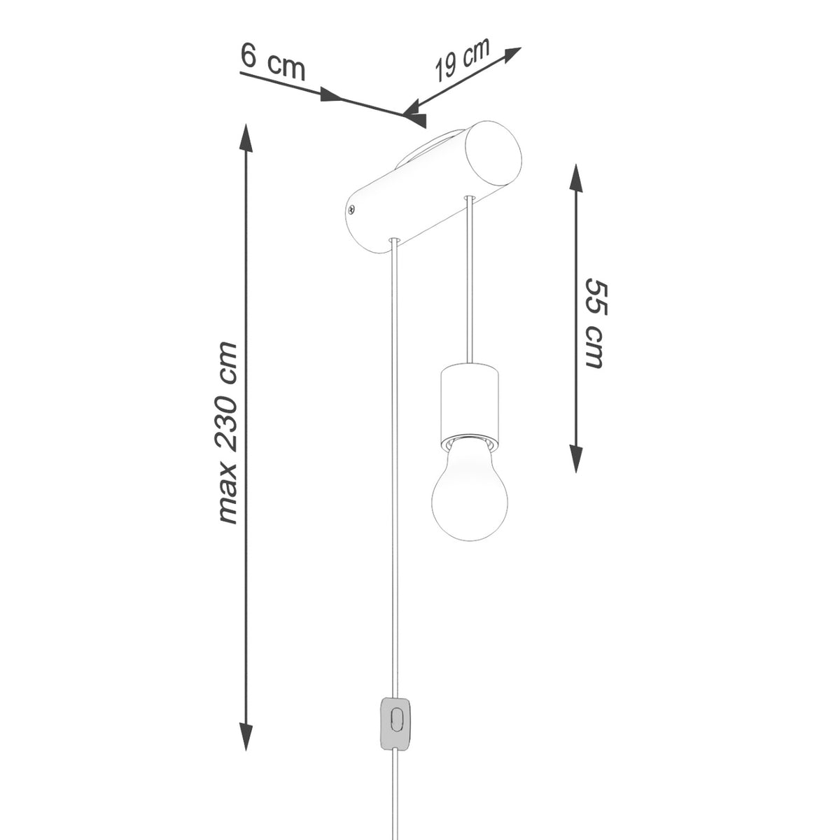 Croquis coté de l'applique Nimbi avec 55 cm de hauteur un support de 19 cm et un cordon de 230 cm