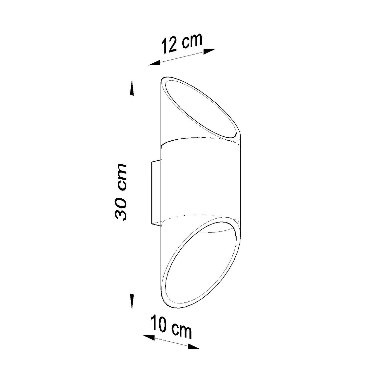 Schéma des dimensions de l'applique Penne 30 : hauteur 30 cm, diamètre 10 cm, saillie 12 cm