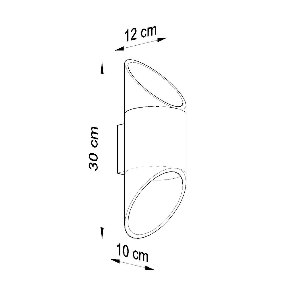 Schéma des dimensions de l'applique Penne 30 : hauteur 30 cm, diamètre 10 cm, saillie 12 cm