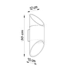 Schéma des dimensions de l'applique Penne 30 : hauteur 30 cm, diamètre 10 cm, saillie 12 cm