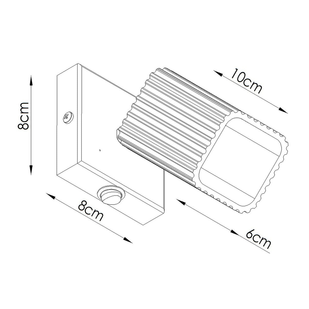Croquis coté de l'applique murale Rayo avec platine de 8 x 8 cm et spot de 10 cm