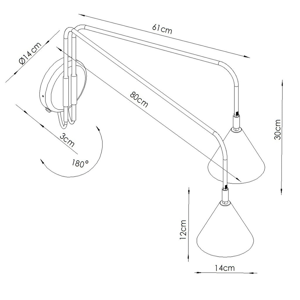 Schéma coté : Applique Nox 2 cônes bras déporté acier blanc E14