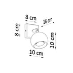 Dimensions de l'applique Oculare : platine 8 x 8 cm, saillie 16 cm, boule 10 cm