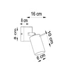 Schéma des dimensions de l'applique Ring : platine 8 x 8 cm, saillie 16 cm, spot 6 x 10 cm
