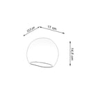 Schéma des dimensions de l'applique Globe : largeur 17 cm, hauteur 14,5 cm, saillie 13,5 cm