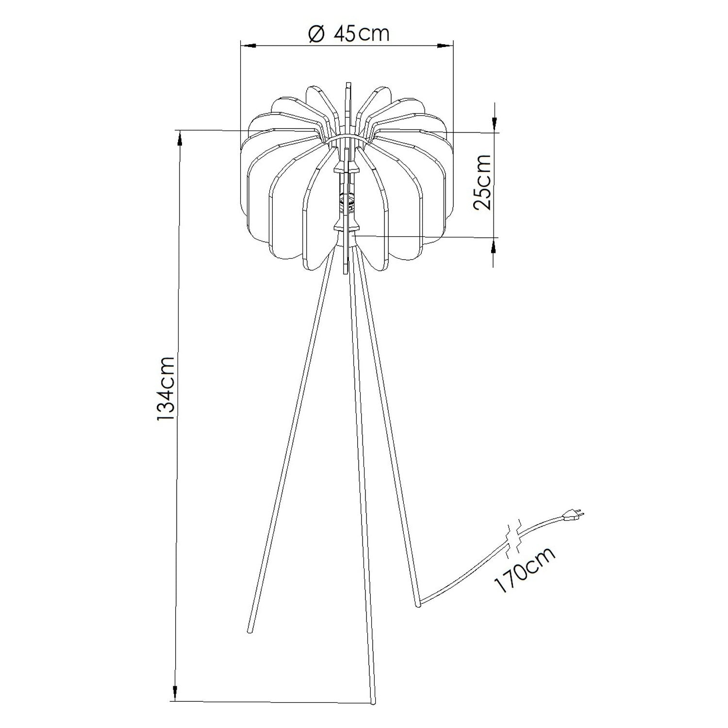 Schéma coté : Lampadaire Mula 45 trépied feutre bleu marine E27