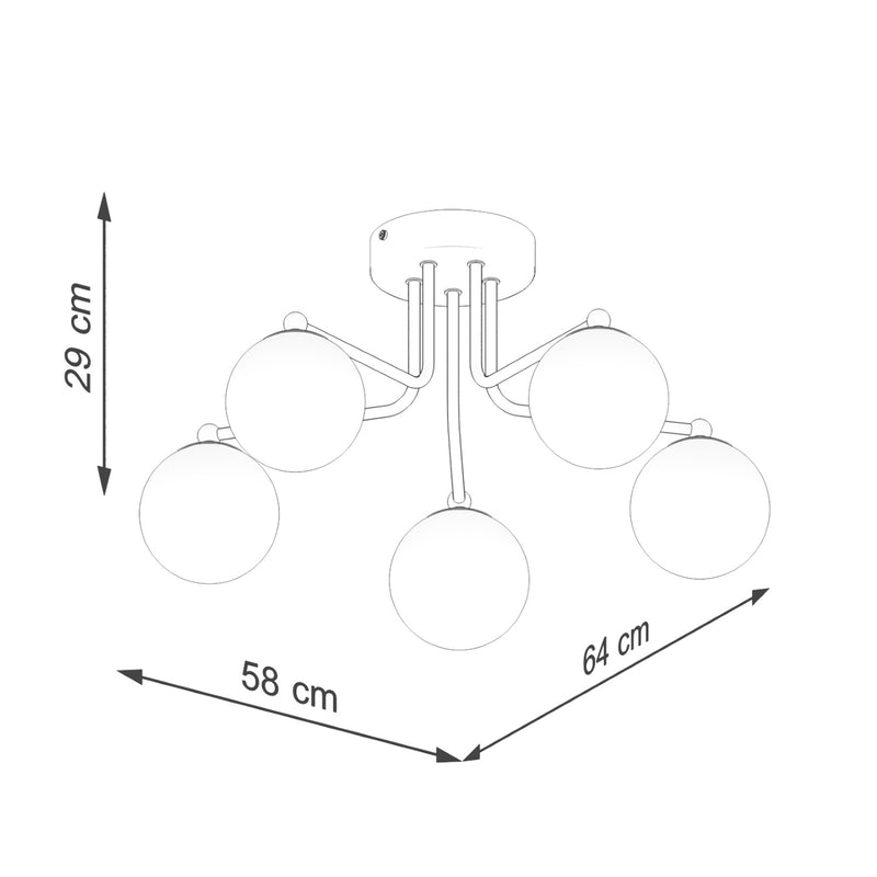 Dimensions Lustre Astral 5 boules opale acier noir G9