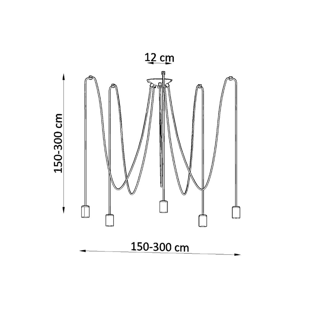 Dimensions du lustre Edison 5 : rosace 12 cm, câbles réglables de 150 à 300 cm